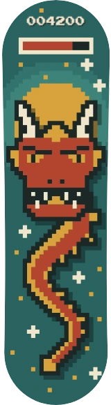 Diseño de skate «Pixel art · Dragón jefe de recreativa»: Pixel art, Retro, Estrellas, Números, Arte asiático, Divertido