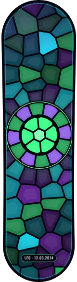 Diseño de skate «Vitral neón · Rosetón de medianoche»: Arte generativo, Edición única, Vidriera, Mosaico, Neón, Abstracto