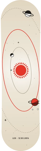 Diseño de skate «Órbitas · Tu sistema solar»: Arte generativo, Edición única, Planetas, Espacio, Sol, Estrellas