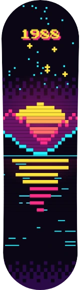 Diseño de skate «Pixel art · Atardecer de 8 bits»: Pixel art, Atardecer, Sol, Retro, Neón, Vaporwave