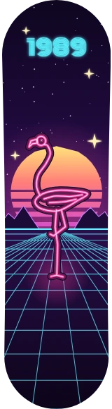 Diseño de skate «Vaporwave · Flamenco de neón»: Vaporwave, Pájaros, Neón, Sol, Atardecer, Retro