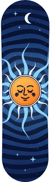 Diseño de skate «Psicodélico · Sol de medianoche»: Psicodélico, Sol, Luna, Estrellas, Noche, Ilustración