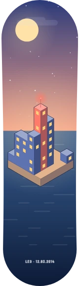 Diseño de skate «Isla de cubos · Ciudad isométrica»: Arte generativo, Edición única, Isométrico, Edificios, Ciudad, Mar
