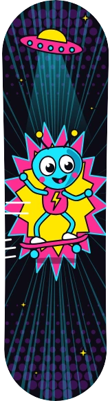 Diseño de skate «Cómic · Marciano en ollie»: Cómic, Espacio, Skate, Ilustración, Estrellas, Divertido