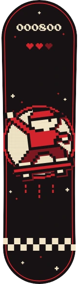 Diseño de skate «Pixel art · Salto arcade»: Pixel art, Skate, Retro, Corazón, Números, Estrellas