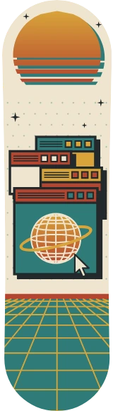 Diseño de skate «Vaporwave · Ventanas apiladas»: Vaporwave, Retro, Sol, Planetas, Estrellas, Geométrico