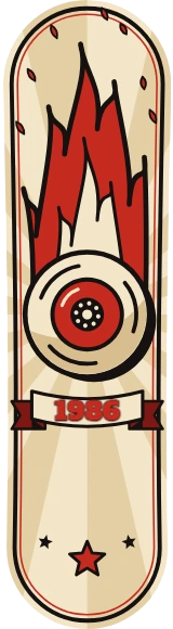 Diseño de skate «Old school · Rueda en llamas»: Old school, Skate, Retro, Vintage, Números, Estrellas
