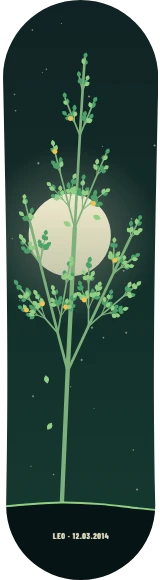 Diseño de skate «Edición de uno · Planta que crece»: Arte generativo, Edición única, Árboles, Plantas, Hojas, Luna