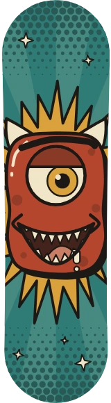 Diseño de skate «Cómic · Monstruo de un solo ojo»: Cómic, Ilustración, Trama de puntos, Divertido, Estrellas, Colorido