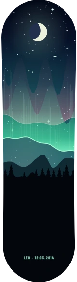 Diseño de skate «Noche polar · Aurora sobre tu horizonte»: Arte generativo, Edición única, Noche, Luna, Estrellas, Montañas