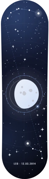 Diseño de skate «Carta celeste · La luna de tu día»: Arte generativo, Edición única, Luna, Constelaciones, Estrellas, Noche