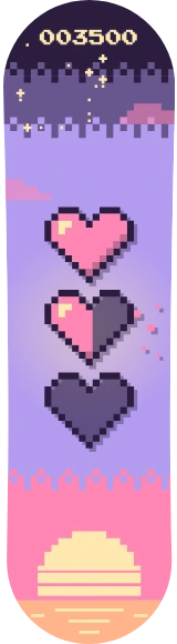 Diseño de skate «Pixel art · Barra de vida»: Pixel art, Corazón, Retro, Sol, Estrellas, Pastel