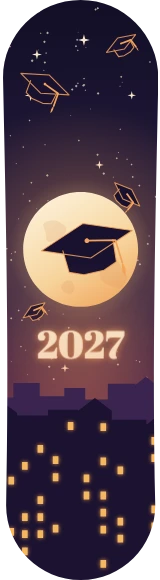 Diseño de skate «Graduación · Birretes bajo la luna»: Graduación, Regalo, Luna, Noche, Ciudad, Estrellas
