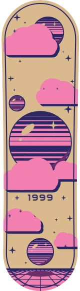 Diseño de skate «Vaporwave · Esferas de cromo entre nubes»: Vaporwave, Planetas, Nubes, Estrellas, Retro, Espacio