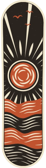 Diseño de skate «Amigo invisible · Sol de linóleo»: Regalo, Sol, Linograbado, Pájaros, Olas, Montañas