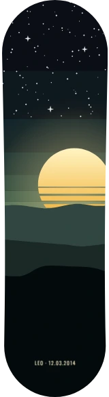 Diseño de skate «Atardecer nocturno · Sol de franjas»: Arte generativo, Edición única, Atardecer, Sol, Estrellas, Montañas