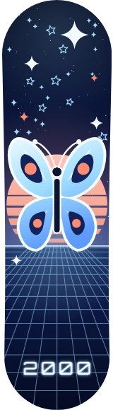 Diseño de skate «Vaporwave · Mariposa Y2K»: Vaporwave, Estrellas, Sol, Noche, Retro, Números