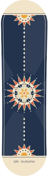 Diseño de skate «Edición de uno · Mandala caleidoscopio»: Arte generativo, Edición única, Geométrico, Sol, Abstracto, Retro