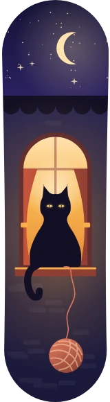 Diseño de skate «Gatos · Gato en la ventana de noche»: Mascotas, Gato, Regalo, Animales, Noche, Luna