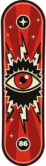 Diseño de skate «Old school · Ojo eléctrico»: Old school, Tatuaje, Estrellas, Números, Retro, Ilustración