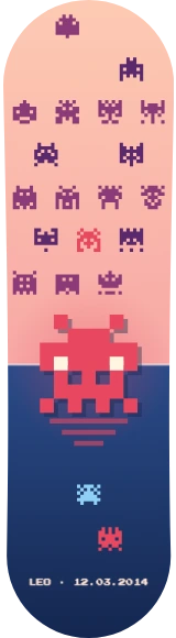 Diseño de skate «Arcade · Invasores entre cielo y mar»: Arte generativo, Edición única, Pixel art, Retro, Mar, Cielo