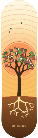 Diseño de skate «Árbol de la vida · Edición de una»: Arte generativo, Edición única, Árboles, Sol, Hojas, Naturaleza