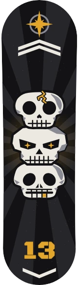 Diseño de skate «Calaveras · Tótem de tres cráneos»: Calaveras, Oscuro, Ilustración, Números, Estrellas, Old school