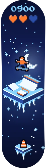 Diseño de skate «Pixel art · Skatepark en la noche helada»: Pixel art, Skate, Nieve, Noche, Isométrico, Corazón