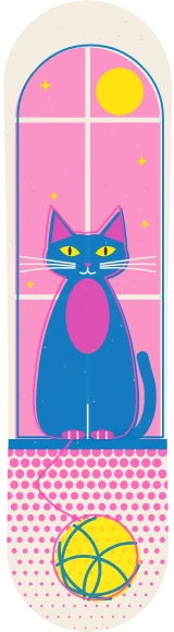 Diseño de skate «Gatos · Gato en la ventana risográfico»: Mascotas, Gato, Regalo, Risografía, Luna, Estrellas