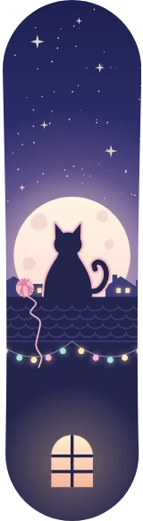 Diseño de skate «Gatos · Luna sobre los tejados»: Mascotas, Gato, Regalo, Luna, Noche, Estrellas