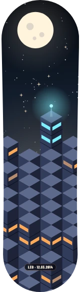 Diseño de skate «Noche · Ciudad de cubos»: Arte generativo, Edición única, Ciudad, Isométrico, Noche, Luna
