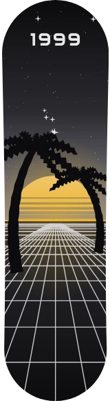 Diseño de skate «Vaporwave · Puesta de sol en la cuadrícula»: Vaporwave, Atardecer, Sol, Árboles, Estrellas, Retro