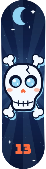 Diseño de skate «Calaveras · Calavera de noche con ojos grandes»: Calaveras, Kawaii, Luna, Estrellas, Noche, Números