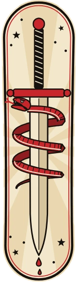 Diseño de skate «Tatuaje · Serpiente y daga»: Tatuaje, Old school, Animales, Estrellas, Ilustración, Retro