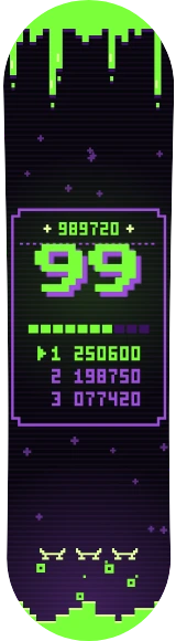 Diseño de skate «Pixel art · Récord tóxico»: Pixel art, Números, Retro, Neón, Oscuro, Tipográfico