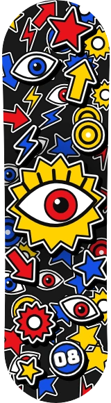 Diseño de skate «Graffiti · Bombardeo de pegatinas»: Graffiti, Estrellas, Pop art, Colorido, Cómic, Patrón