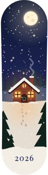 스케이트보드 데크 디자인 'Navidad · Cabaña en la nieve': 크리스마스, 겨울, 선물, 집, 설경, 달